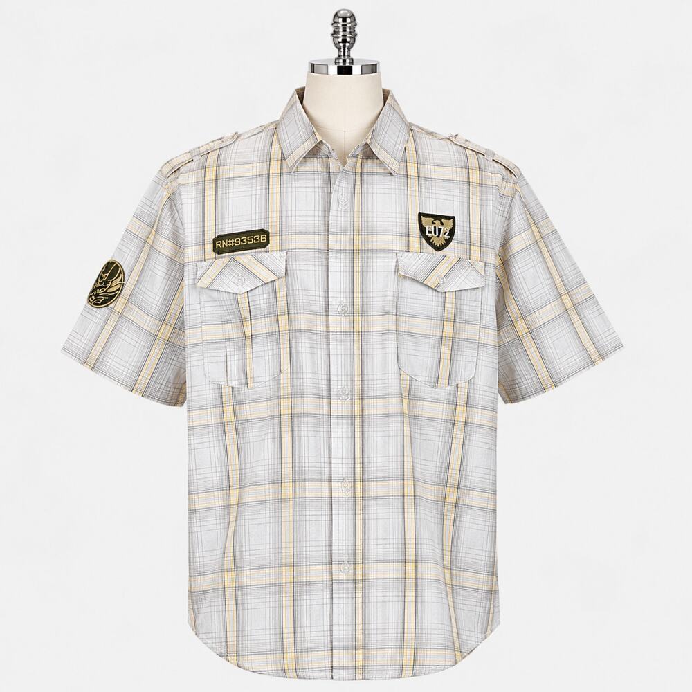 Ecko Unltd Plaid Utility Button Front Shirt 2XL Short Sleeve Cotton Gray Yellow